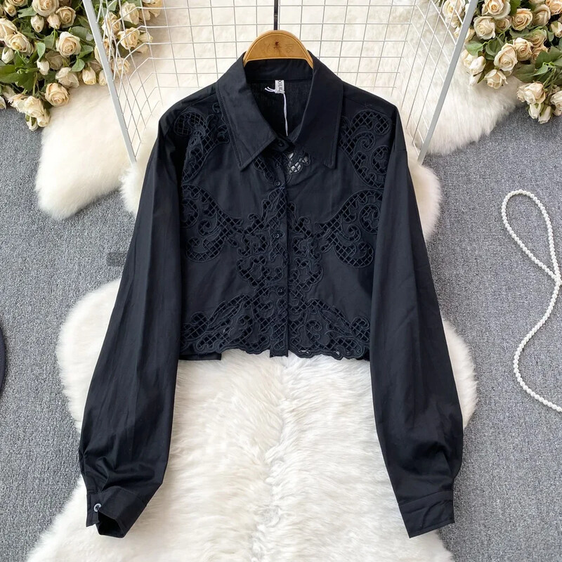 Vintage πουκάμισα για γυναίκες Μόδα γυριστό γιακά μακρύ φουσκωτό μανίκι κούφιο πέτο Μονή μπλούζα φθινοπωρινές ευέλικτες μπλούζες Dropship