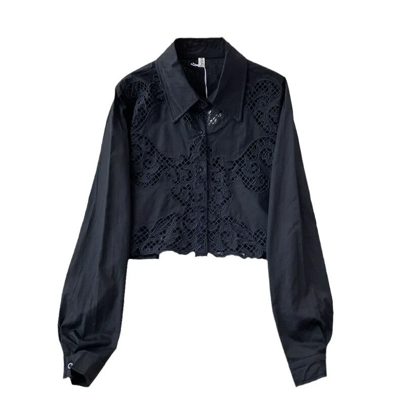 Vintage πουκάμισα για γυναίκες Μόδα γυριστό γιακά μακρύ φουσκωτό μανίκι κούφιο πέτο Μονή μπλούζα φθινοπωρινές ευέλικτες μπλούζες Dropship