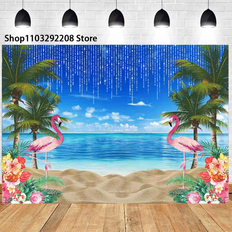 Nyári trópusi tengerparti gyümölcs téma születésnapi parti hawaii pálmafák flamingó Aloha Hawaii Beach tengerparti fotózás háttér