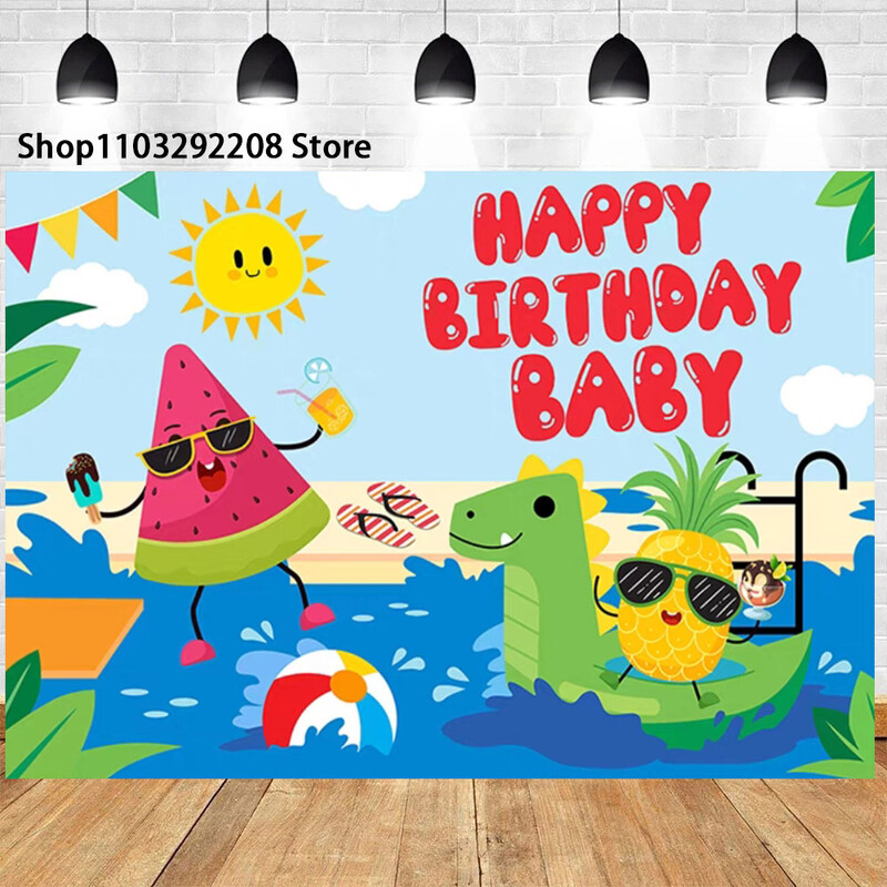 Nyári trópusi tengerparti gyümölcs téma születésnapi parti hawaii pálmafák flamingó Aloha Hawaii Beach tengerparti fotózás háttér