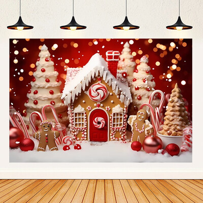 Priecīgus Ziemassvētku tēmas Ziemassvētki Sarkans piparkūku namiņš Fons Ziemas Sniegs Jaunais gads Ziemassvētku ballīte Bērnu dušas piederumi