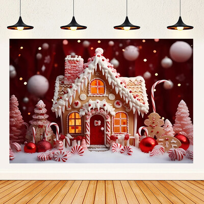 Priecīgus Ziemassvētku tēmas Ziemassvētki Sarkans piparkūku namiņš Fons Ziemas Sniegs Jaunais gads Ziemassvētku ballīte Bērnu dušas piederumi