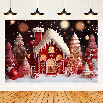 Priecīgus Ziemassvētku tēmas Ziemassvētki Sarkans piparkūku namiņš Fons Ziemas Sniegs Jaunais gads Ziemassvētku ballīte Bērnu dušas piederumi