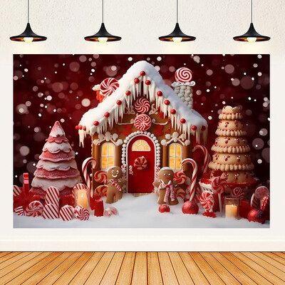 Priecīgus Ziemassvētku tēmas Ziemassvētki Sarkans piparkūku namiņš Fons Ziemas Sniegs Jaunais gads Ziemassvētku ballīte Bērnu dušas piederumi