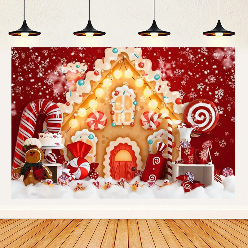 Priecīgus Ziemassvētku tēmas Ziemassvētki Sarkans piparkūku namiņš Fons Ziemas Sniegs Jaunais gads Ziemassvētku ballīte Bērnu dušas piederumi