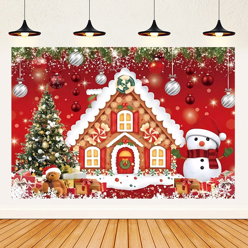 Priecīgus Ziemassvētku tēmas Ziemassvētki Sarkans piparkūku namiņš Fons Ziemas Sniegs Jaunais gads Ziemassvētku ballīte Bērnu dušas piederumi