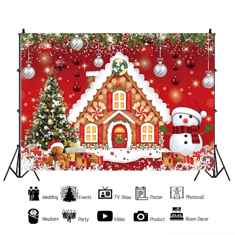 Priecīgus Ziemassvētku tēmas Ziemassvētki Sarkans piparkūku namiņš Fons Ziemas Sniegs Jaunais gads Ziemassvētku ballīte Bērnu dušas piederumi