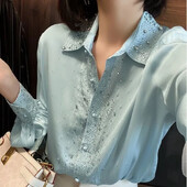 Moderns, moderns sieviešu krekls 2024. gada pavasarī, jauna stila izšūts kalnu akmens, pārvietošanās laiks, elegants, pieguļošs pamatnes slānis