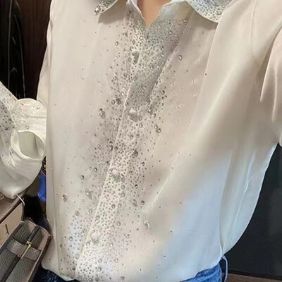 Moderns, moderns sieviešu krekls 2024. gada pavasarī, jauna stila izšūts kalnu akmens, pārvietošanās laiks, elegants, pieguļošs pamatnes slānis