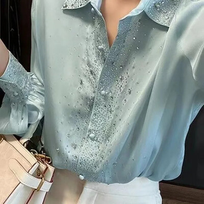 Moderns, moderns sieviešu krekls 2024. gada pavasarī, jauna stila izšūts kalnu akmens, pārvietošanās laiks, elegants, pieguļošs pamatnes slānis