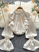 AltGoth Fairycore elegants satīna brīvs krekls ar garām piedurknēm, volāniem ar O veida kakla izgriezumiem, sieviešu maiga biroja dāmu ikdienas blūze