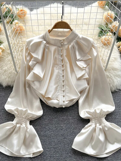 AltGoth Fairycore elegants satīna brīvs krekls ar garām piedurknēm, volāniem ar O veida kakla izgriezumiem, sieviešu maiga biroja dāmu ikdienas blūze