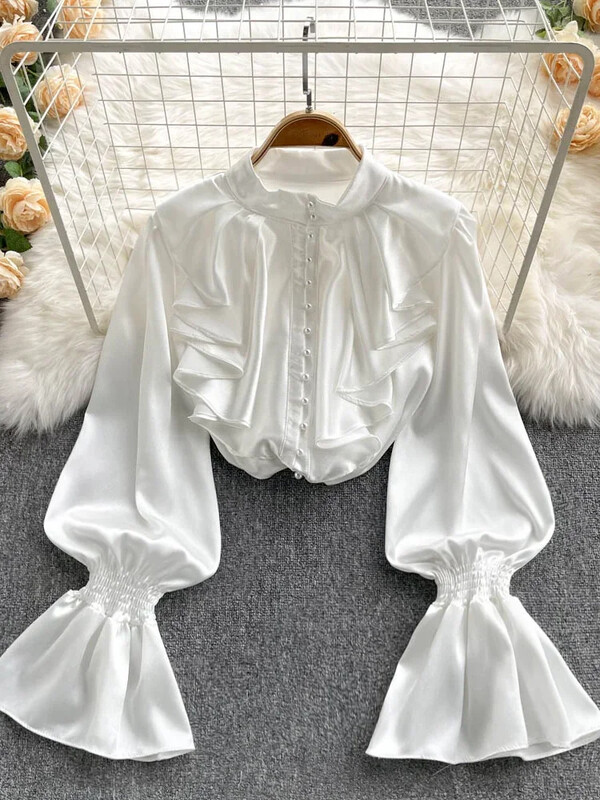 AltGoth Fairycore elegants satīna brīvs krekls ar garām piedurknēm, volāniem ar O veida kakla izgriezumiem, sieviešu maiga biroja dāmu ikdienas blūze