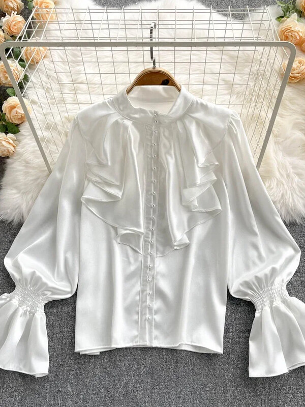 AltGoth Fairycore elegants satīna brīvs krekls ar garām piedurknēm, volāniem ar O veida kakla izgriezumiem, sieviešu maiga biroja dāmu ikdienas blūze