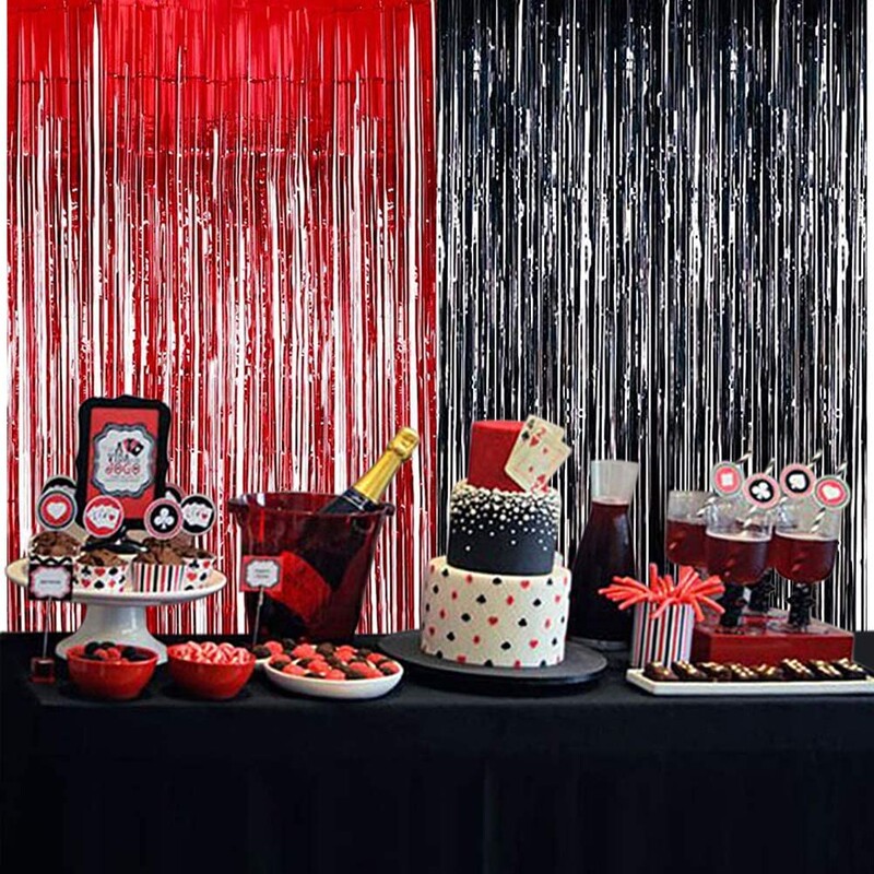 Fekete-piros fémes talmi fólia rojtos függönyök bulihoz fotó hátterek esküvői dekoráció katicabogár születésnapi Casion party