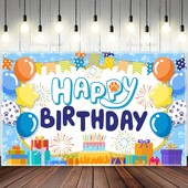 Boldog születésnapi parti háttér dekoráció tortával, virágokkal, léggömbökkel, pillangós háttér bannerrel a fotófülke kellékeihez
