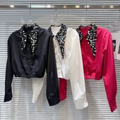 2024 tavaszi nyár divatos flitteres, lehajtható gallérú Crop ing női egysoros, hosszú ujjú, rövid blúz női felsők