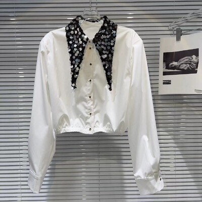 2024 tavaszi nyár divatos flitteres, lehajtható gallérú Crop ing női egysoros, hosszú ujjú, rövid blúz női felsők