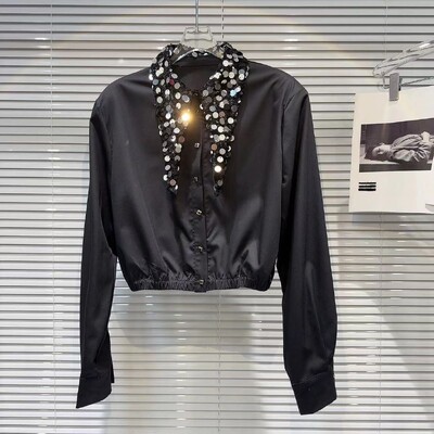 2024 tavaszi nyár divatos flitteres, lehajtható gallérú Crop ing női egysoros, hosszú ujjú, rövid blúz női felsők