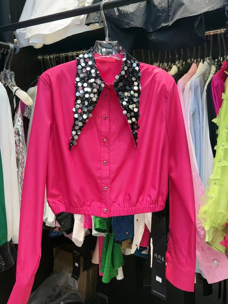 2024 tavaszi nyár divatos flitteres, lehajtható gallérú Crop ing női egysoros, hosszú ujjú, rövid blúz női felsők