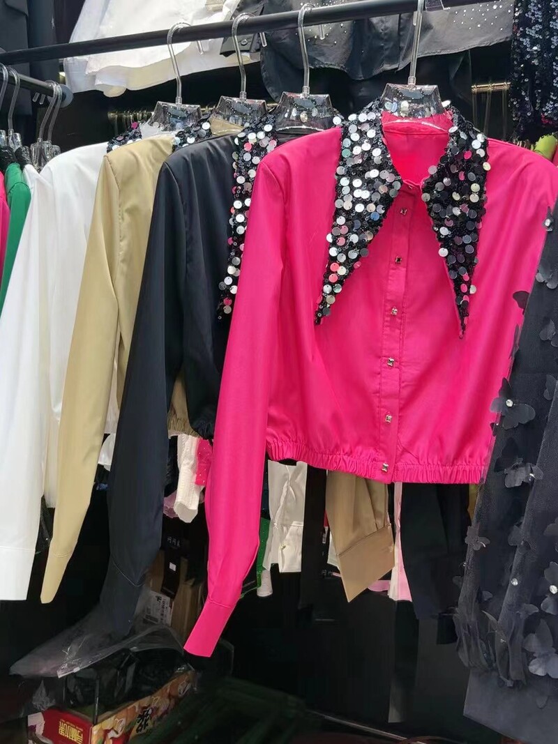 2024 tavaszi nyár divatos flitteres, lehajtható gallérú Crop ing női egysoros, hosszú ujjú, rövid blúz női felsők