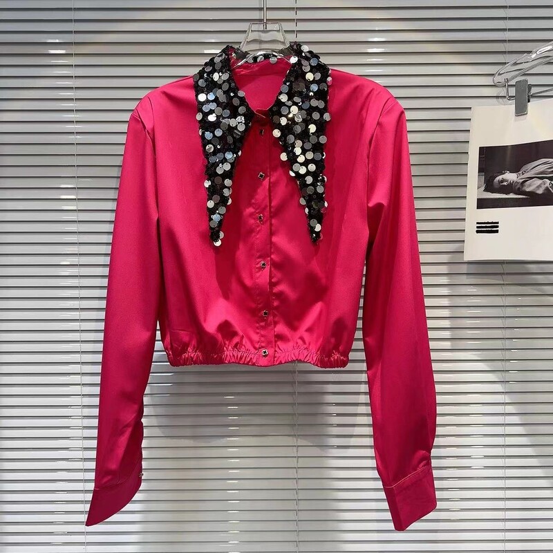 2024 tavaszi nyár divatos flitteres, lehajtható gallérú Crop ing női egysoros, hosszú ujjú, rövid blúz női felsők