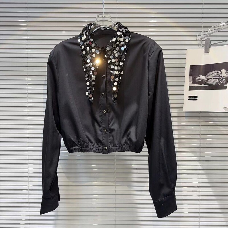 2024 tavaszi nyár divatos flitteres, lehajtható gallérú Crop ing női egysoros, hosszú ujjú, rövid blúz női felsők