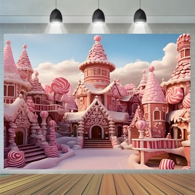 Rózsaszín cukorka Castle háttér transzparens fényképezési háttér nyalókával és cukorkával, általános ünnepségekre