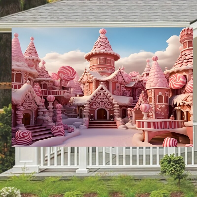 Rózsaszín cukorka Castle háttér transzparens fényképezési háttér nyalókával és cukorkával, általános ünnepségekre