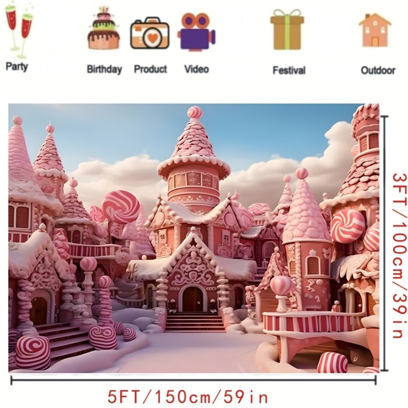 Rózsaszín cukorka Castle háttér transzparens fényképezési háttér nyalókával és cukorkával, általános ünnepségekre
