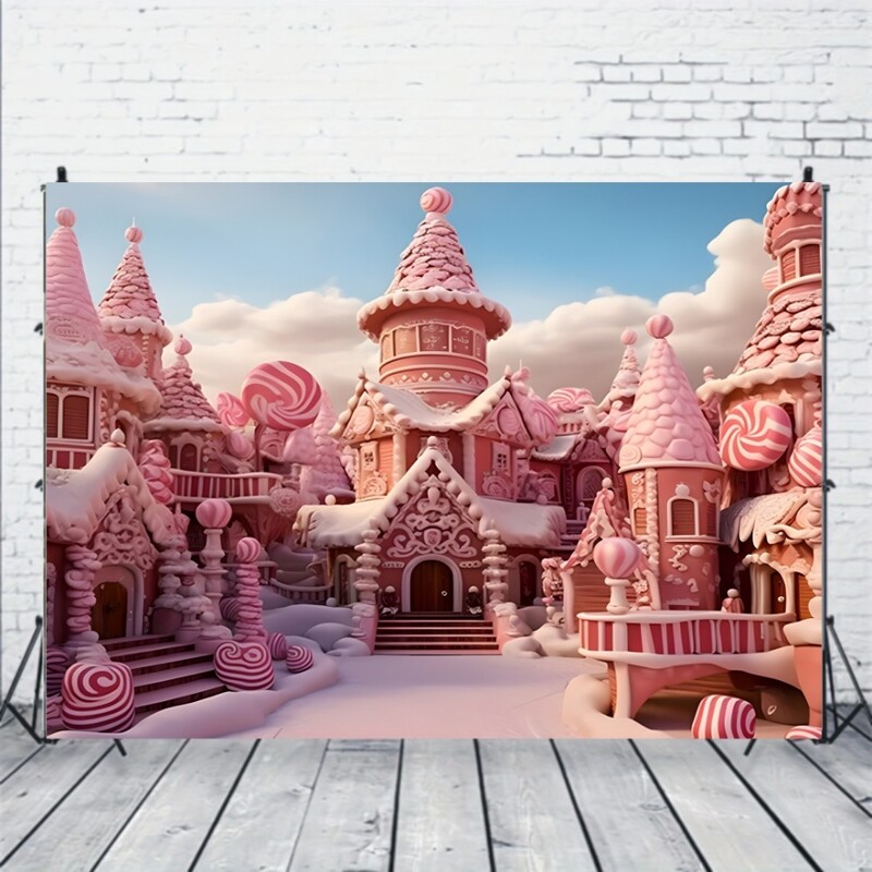 Rózsaszín cukorka Castle háttér transzparens fényképezési háttér nyalókával és cukorkával, általános ünnepségekre