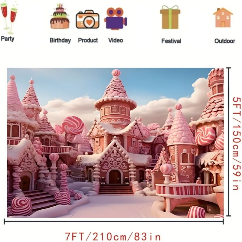 Rózsaszín cukorka Castle háttér transzparens fényképezési háttér nyalókával és cukorkával, általános ünnepségekre
