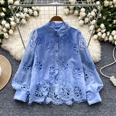 Ρετρό χαλαρό κέντημα με μανίκια με φανάρι Μονό στήθος βασικά Μπλούζα Slim πουκάμισο Γυναικείο καλοκαιρινό τοπ