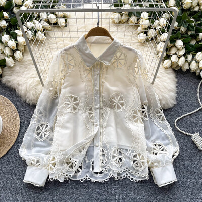 Ρετρό χαλαρό κέντημα με μανίκια με φανάρι Μονό στήθος βασικά Μπλούζα Slim πουκάμισο Γυναικείο καλοκαιρινό τοπ