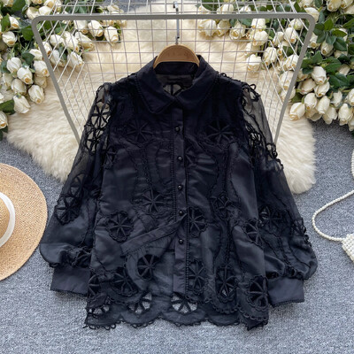 Ρετρό χαλαρό κέντημα με μανίκια με φανάρι Μονό στήθος βασικά Μπλούζα Slim πουκάμισο Γυναικείο καλοκαιρινό τοπ