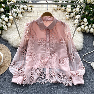 Ρετρό χαλαρό κέντημα με μανίκια με φανάρι Μονό στήθος βασικά Μπλούζα Slim πουκάμισο Γυναικείο καλοκαιρινό τοπ