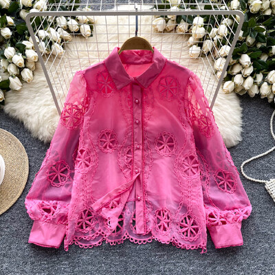 Ρετρό χαλαρό κέντημα με μανίκια με φανάρι Μονό στήθος βασικά Μπλούζα Slim πουκάμισο Γυναικείο καλοκαιρινό τοπ