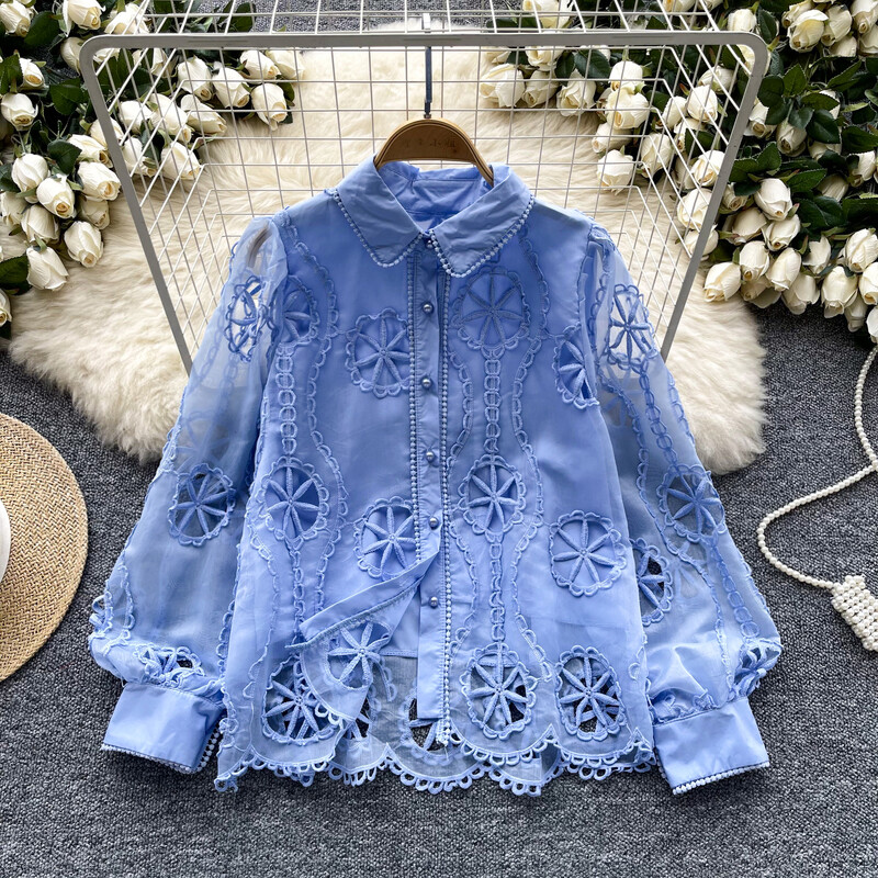 Ρετρό χαλαρό κέντημα με μανίκια με φανάρι Μονό στήθος βασικά Μπλούζα Slim πουκάμισο Γυναικείο καλοκαιρινό τοπ