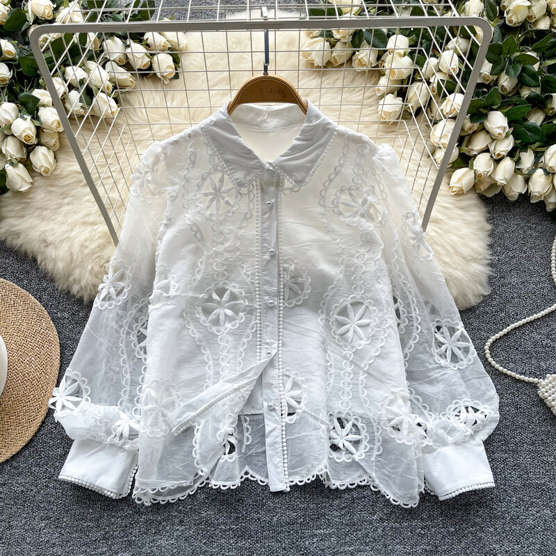 Ρετρό χαλαρό κέντημα με μανίκια με φανάρι Μονό στήθος βασικά Μπλούζα Slim πουκάμισο Γυναικείο καλοκαιρινό τοπ