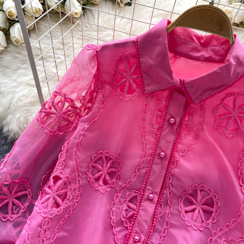 Ρετρό χαλαρό κέντημα με μανίκια με φανάρι Μονό στήθος βασικά Μπλούζα Slim πουκάμισο Γυναικείο καλοκαιρινό τοπ