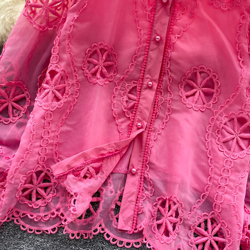 Ρετρό χαλαρό κέντημα με μανίκια με φανάρι Μονό στήθος βασικά Μπλούζα Slim πουκάμισο Γυναικείο καλοκαιρινό τοπ