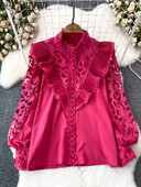 OCEANLOVE Lanern μπλούζες με μανίκια γυναικεία μπλουζάκια μασίφ δαντέλα άνοιξη φθινόπωρο Κορεατική μόδα Blusas Feminina Κομψά πουκάμισα με βολάν