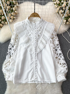 OCEANLOVE Lanern μπλούζες με μανίκια γυναικεία μπλουζάκια μασίφ δαντέλα άνοιξη φθινόπωρο Κορεατική μόδα Blusas Feminina Κομψά πουκάμισα με βολάν