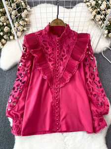 OCEANLOVE Lanern μπλούζες με μανίκια γυναικεία μπλουζάκια μασίφ δαντέλα άνοιξη φθινόπωρο Κορεατική μόδα Blusas Feminina Κομψά πουκάμισα με βολάν