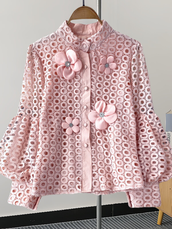 XFPV sieviešu temperamenta mežģīnes dobi, 3D ziedu krekls ar augšpusi laternas piedurknēm vienkrāsains tops modes pavasaris vasara 2024 SM11344