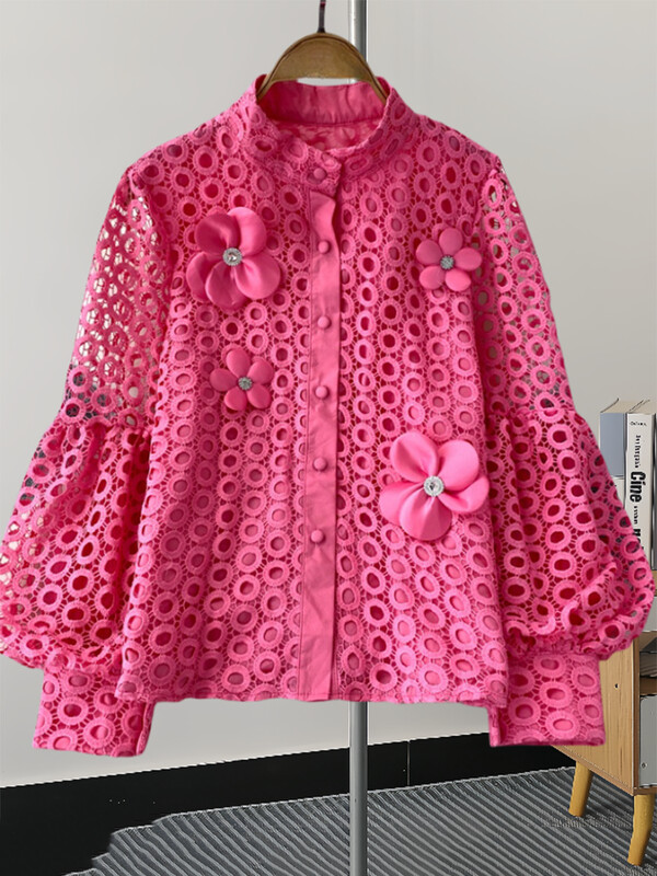 XFPV sieviešu temperamenta mežģīnes dobi, 3D ziedu krekls ar augšpusi laternas piedurknēm vienkrāsains tops modes pavasaris vasara 2024 SM11344