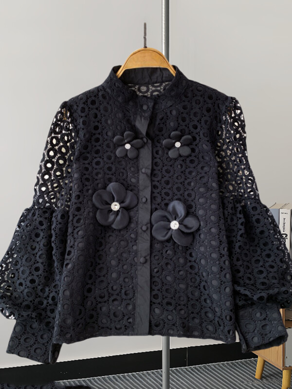 XFPV sieviešu temperamenta mežģīnes dobi, 3D ziedu krekls ar augšpusi laternas piedurknēm vienkrāsains tops modes pavasaris vasara 2024 SM11344