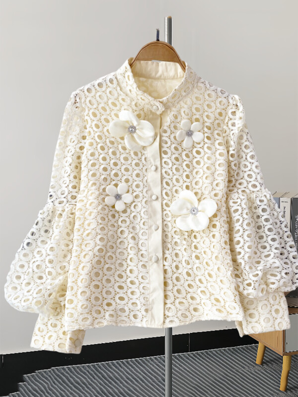 XFPV sieviešu temperamenta mežģīnes dobi, 3D ziedu krekls ar augšpusi laternas piedurknēm vienkrāsains tops modes pavasaris vasara 2024 SM11344