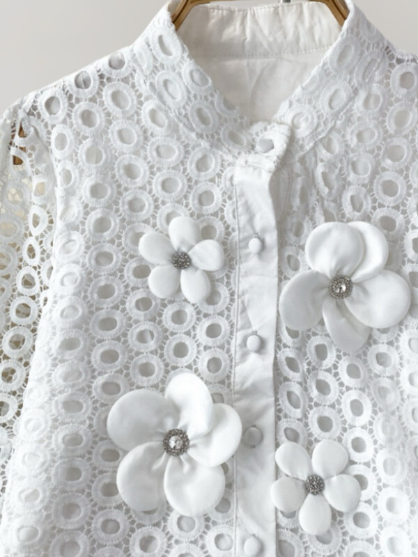 XFPV sieviešu temperamenta mežģīnes dobi, 3D ziedu krekls ar augšpusi laternas piedurknēm vienkrāsains tops modes pavasaris vasara 2024 SM11344