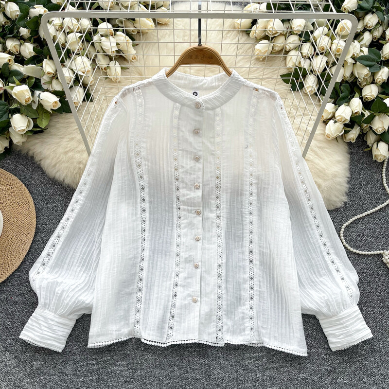 elegants, vintage, doba, apkakle ar mežģīnēm savienotu laternu Piedurkņu ikdienišķs krekls ar vienrindu Sieviešu pamati High Street blūze